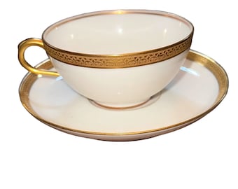 Vintage 40’s Old Abbey Limoges France Gold Greek Key Art Nouveau Deco Gold Rimmed Footed Tea Cup Saucer Set