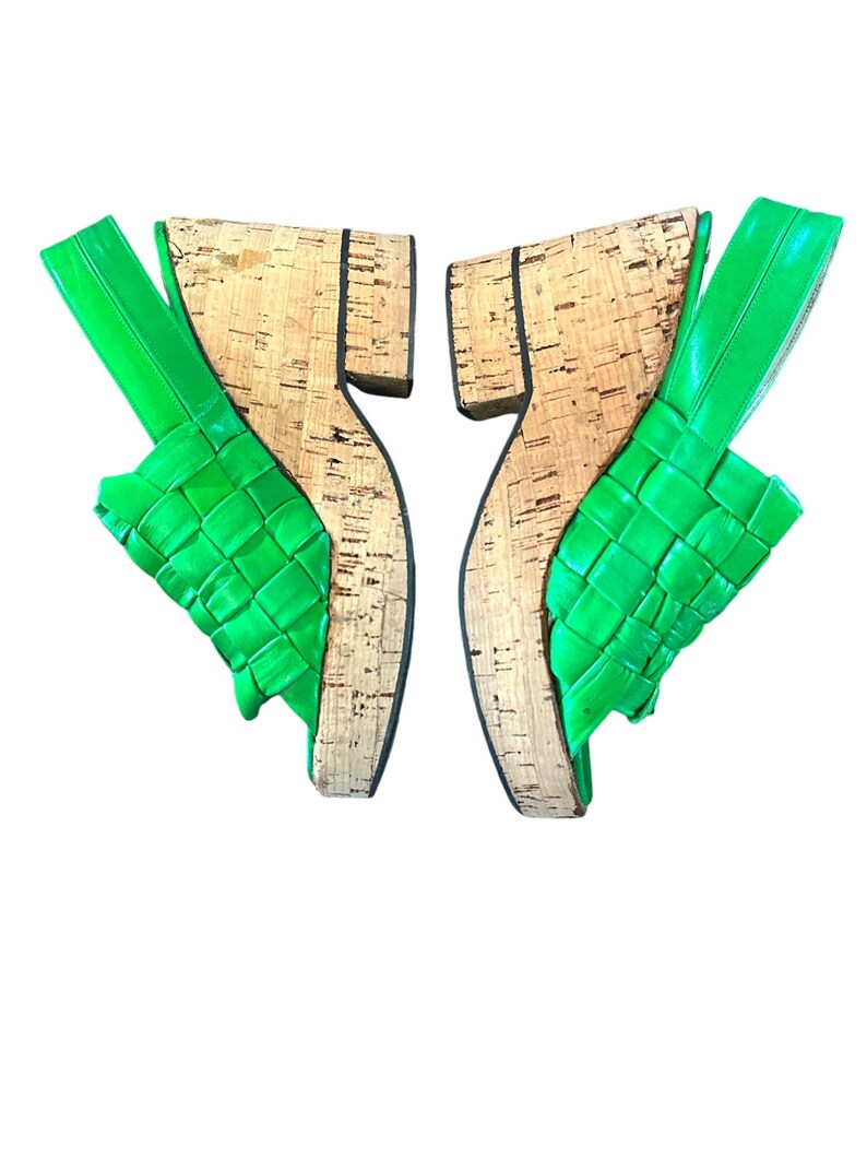 Vintage 80s Made in Spain Apple Green Basket Weave Halter Strap Cork Wedge Shoes Sandals Etsy
