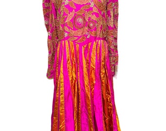 Vintage 80’d Handmade Homemade Afghan Kuchi Beaded Embroidered Multicolored Satin Dress Headscarf Drawstring Pants 3 Piece Set Indian