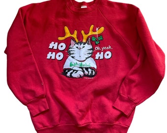 Vintage 1992 Fruit Loom Painted Lady Ho Ho Ho Bah Humbug Oh Yeah Bad Cat Kitty Reindeer Mistletoe Sweatshirt Top Shirt USA Made