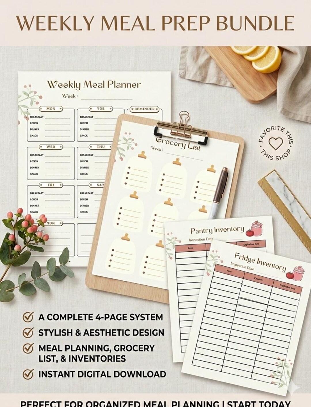 Weekly Meal Planner Printable Bundle | Grocery List | Pantry & Fridge ...