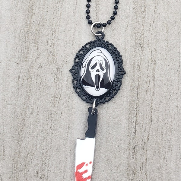 Ghostface necklace - Scream horror movie ornate pendant with bloody knife on black chain jewelry