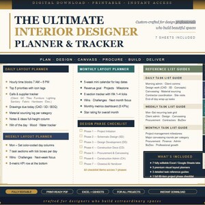Puede incluir: Un planificador y rastreador digital para diseñadores de interiores titulado The Ultimate Interior Designer Planner & Tracker. Incluye secciones para planificación diaria, semanal y mensual, listas de verificación de diseño.