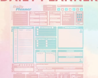 May include: A pink and blue daily planner with sections for personal goals, work, wellness, and self-care. The planner includes sections for tracking meals, exercise, grooming, water intake, top priorities, meetings, email, money, mood, nature, meditation, pampering, music therapy, and fun. The planner also includes a section for notes and sketches.