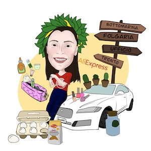 Può includere: Un'illustrazione a fumetti di una donna con una ghirlanda verde in testa, che tiene una piccola bottiglia. È in piedi accanto a un'auto bianca con un cartello che dice "AliExpress" e un cartello stradale con le parole "Sottomarina", "Folgaria", "Ufficio" e "Trento". Ci sono anche uova in un cartone, un sacchetto di farina e un barattolo di liquido verde.