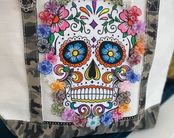 Grand sac fourre-tout en toile de coton Sugar Skull