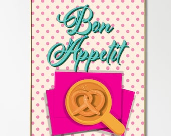 Bon Appétit Pretzel Kitchen Print, Gourmet Wall Art (Digital Download)