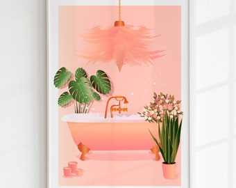 Pink Bathroom PRINTABLE, Bathtub Art, Flower Art, Botanical Plant Print, Pastel Pink Print, Romantic Bubble Bath Decor, DIGITAL DOWNLOAD