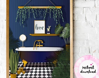 Navy Bathroom Art Print | Clawfoot Bathtub, Plants (Digital Download)