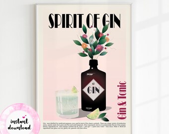 Gin & Tonic Cocktail Art Print, Kitchen Bar Decor (Digital Download)