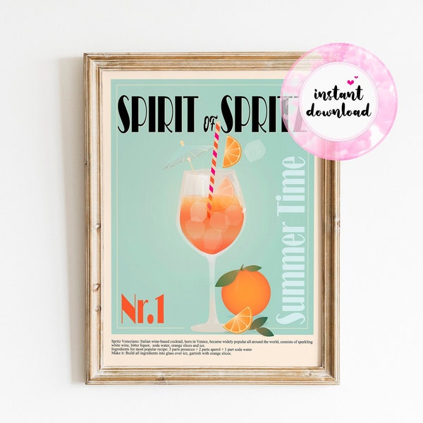 Aperol Spritz, PRINTABLE Cocktail Poster, Aperol Bar Print, Kitchen Bar Decor, Alcohol Poster, Aperitivo, Happy Hour Print, DIGITAL DOWNLOAD