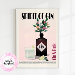 Plakat do druku z koktajlem ginowym, wydruk koktajlu ginowego z tonikiem, wystrój baru w domu i kuchni, wydruk wózka barowego, alkohol, sztuka ścienna do napojów, cyfrowe pobieranie
