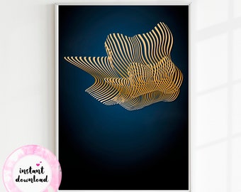 Navy Blue Gold Abstract Art PRINTABLE, Modern Wall Decor (Digital Download)