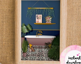 Blue Botanical Bathroom Print, Vintage Clawfoot Tub Decor (Digital Download)