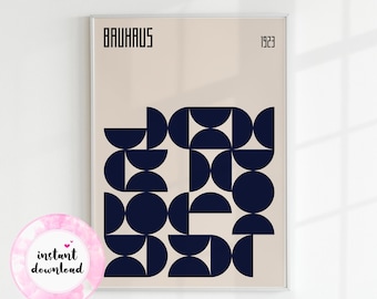 Bauhaus Geometric Art Print, Indigo Blue, Mid-Century Modern (Digital Download)