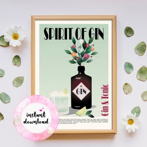 Gin, PRINTABLE Gin and Tonic Poster, Cocktail Poster, Kitchen Bar Decor, Bar Cart Print, Alcohol Poster, Drink Wall Art, DIGITAL DOWNLOAD