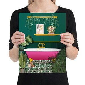 Dark Green and Pink Bathroom Poster Print, Botanical Houseplant Poster ...