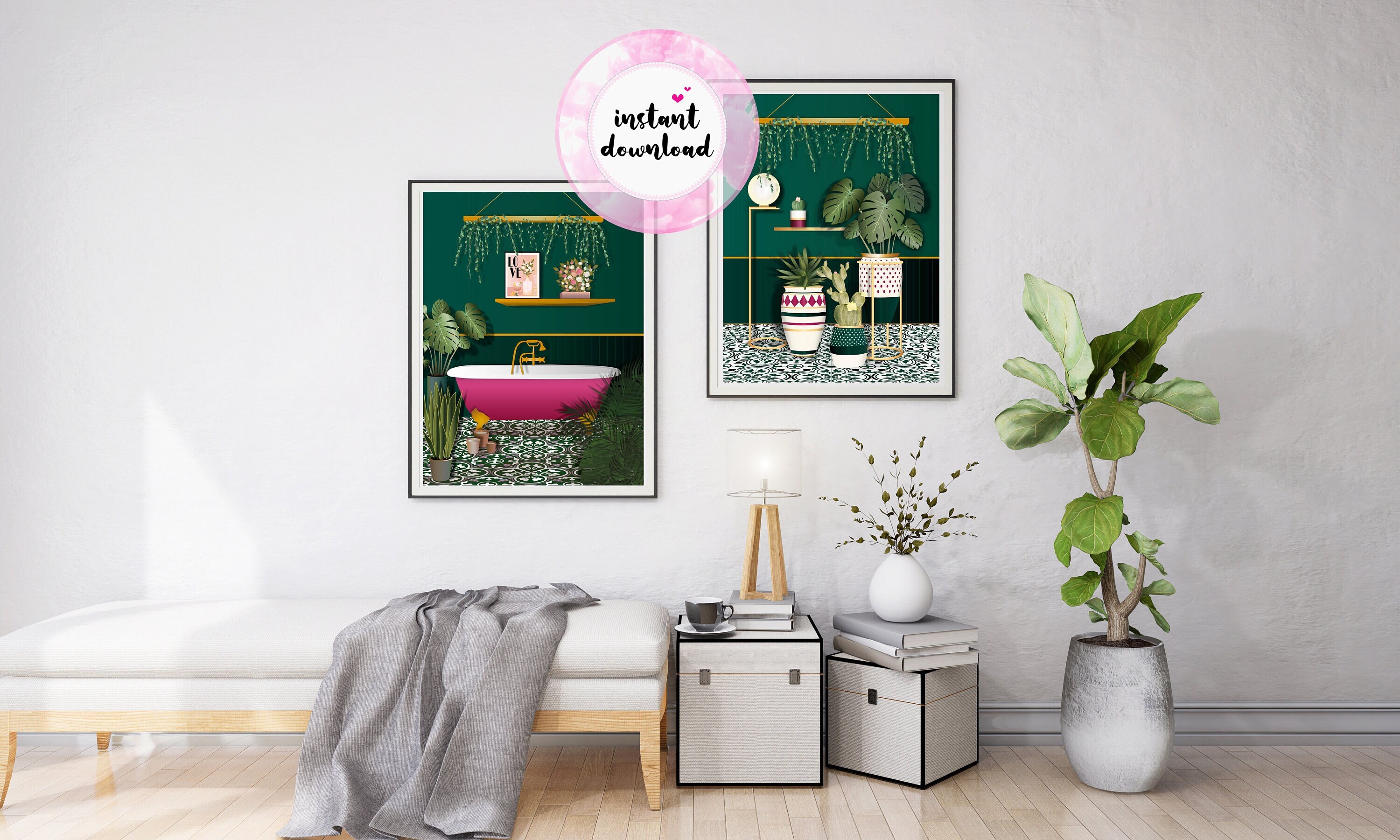 Green Botanical PRINTABLE Set of 2, Bathroom Prints, Bathtub & House ...