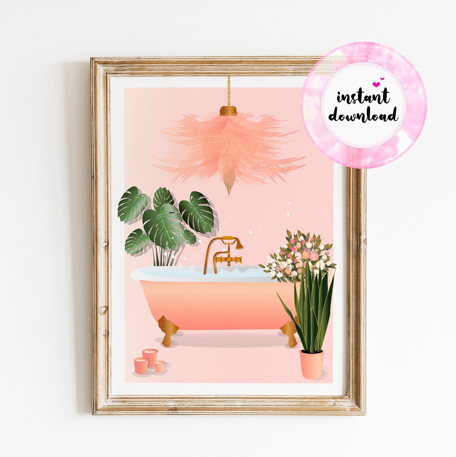 Pink Bathroom PRINTABLE, Bathtub Art, Flower Art, Botanical Plant Print ...