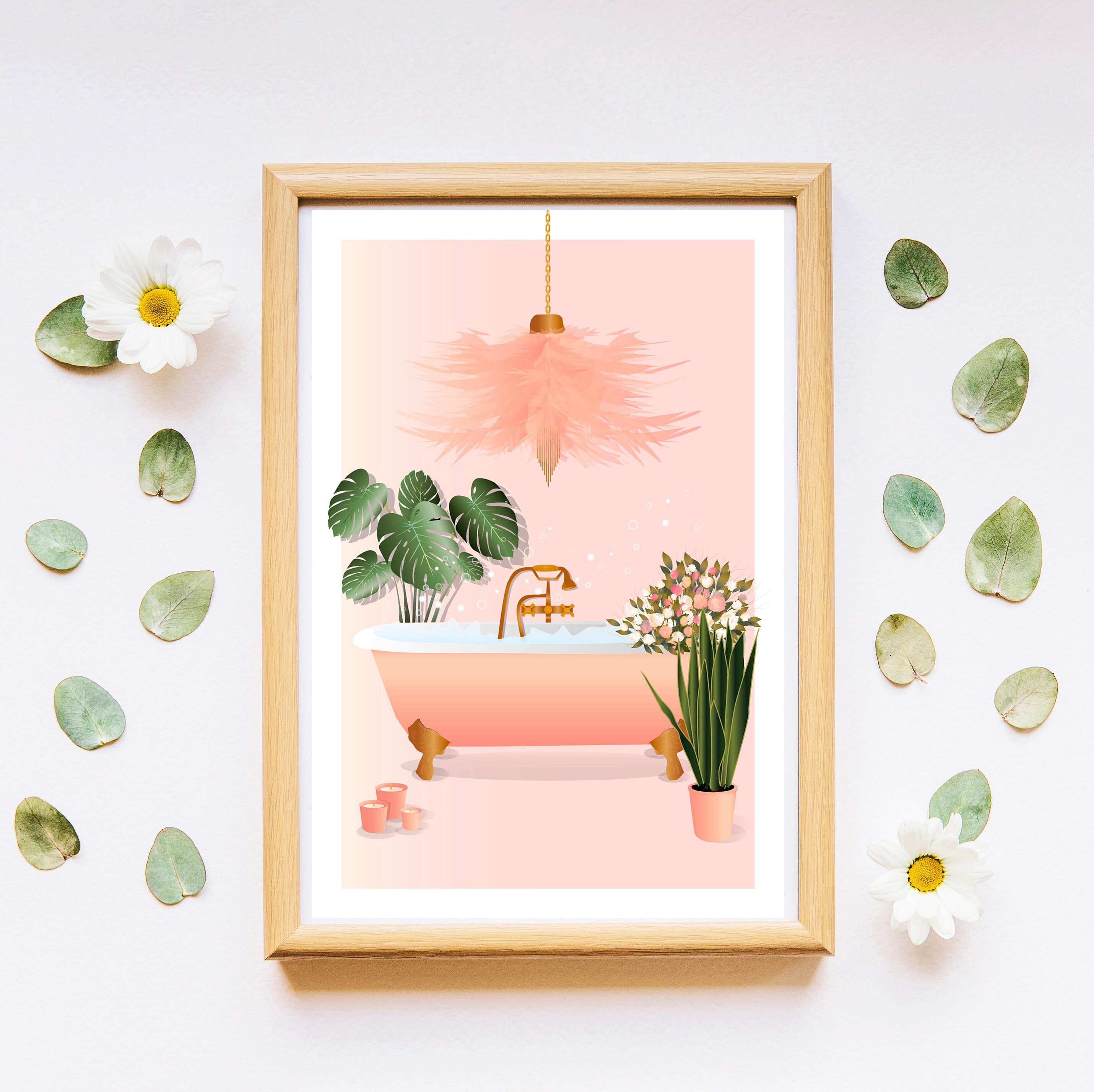 Pink Bathroom PRINTABLE, Bathtub Art, Flower Art, Botanical Plant Print ...