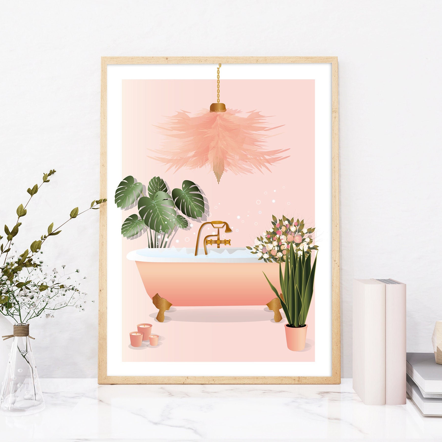 Pink Bathroom PRINTABLE, Bathtub Art, Flower Art, Botanical Plant Print ...