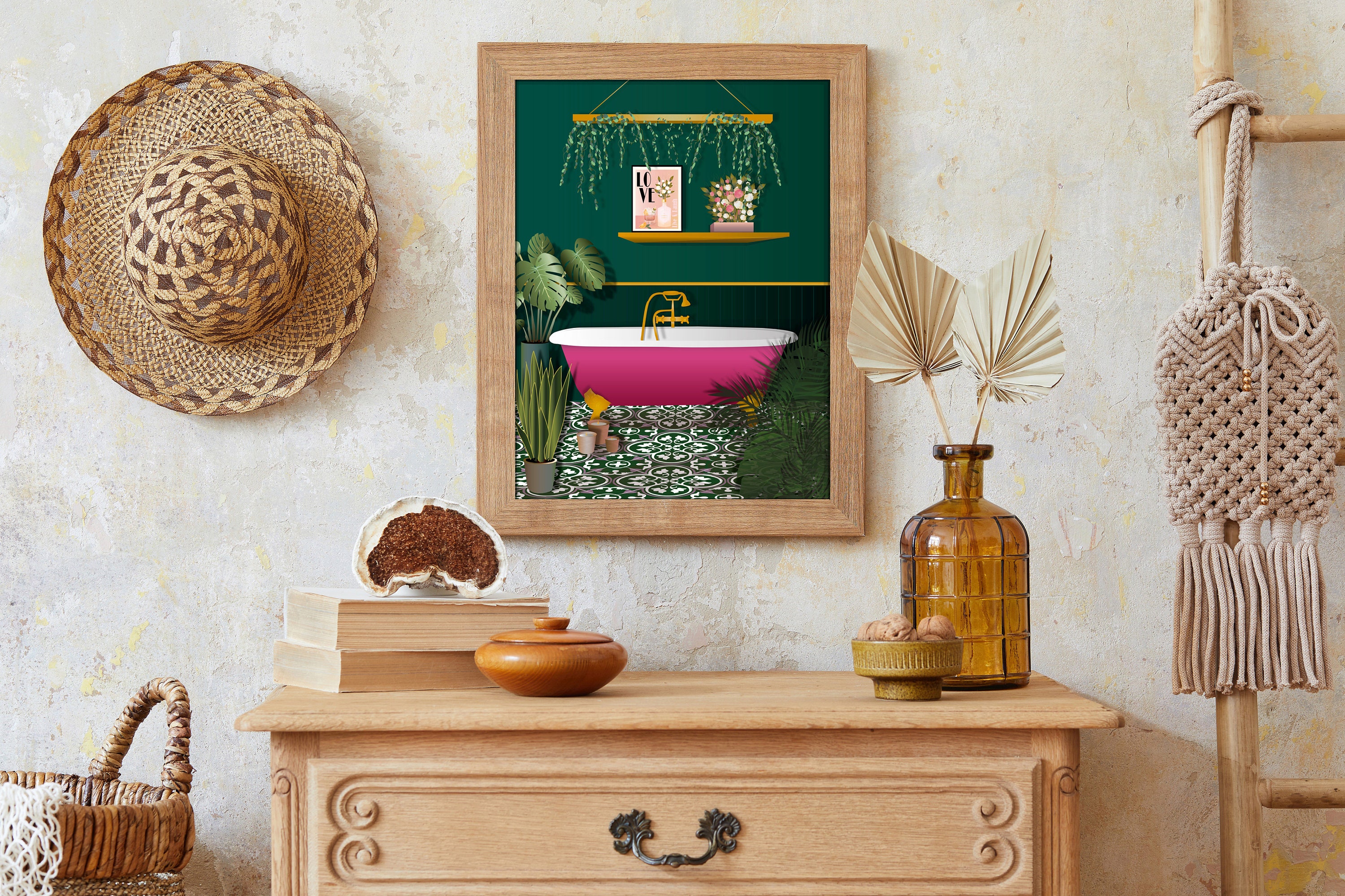 Dark Green and Pink Bathroom Poster Print, Botanical Houseplant Poster ...