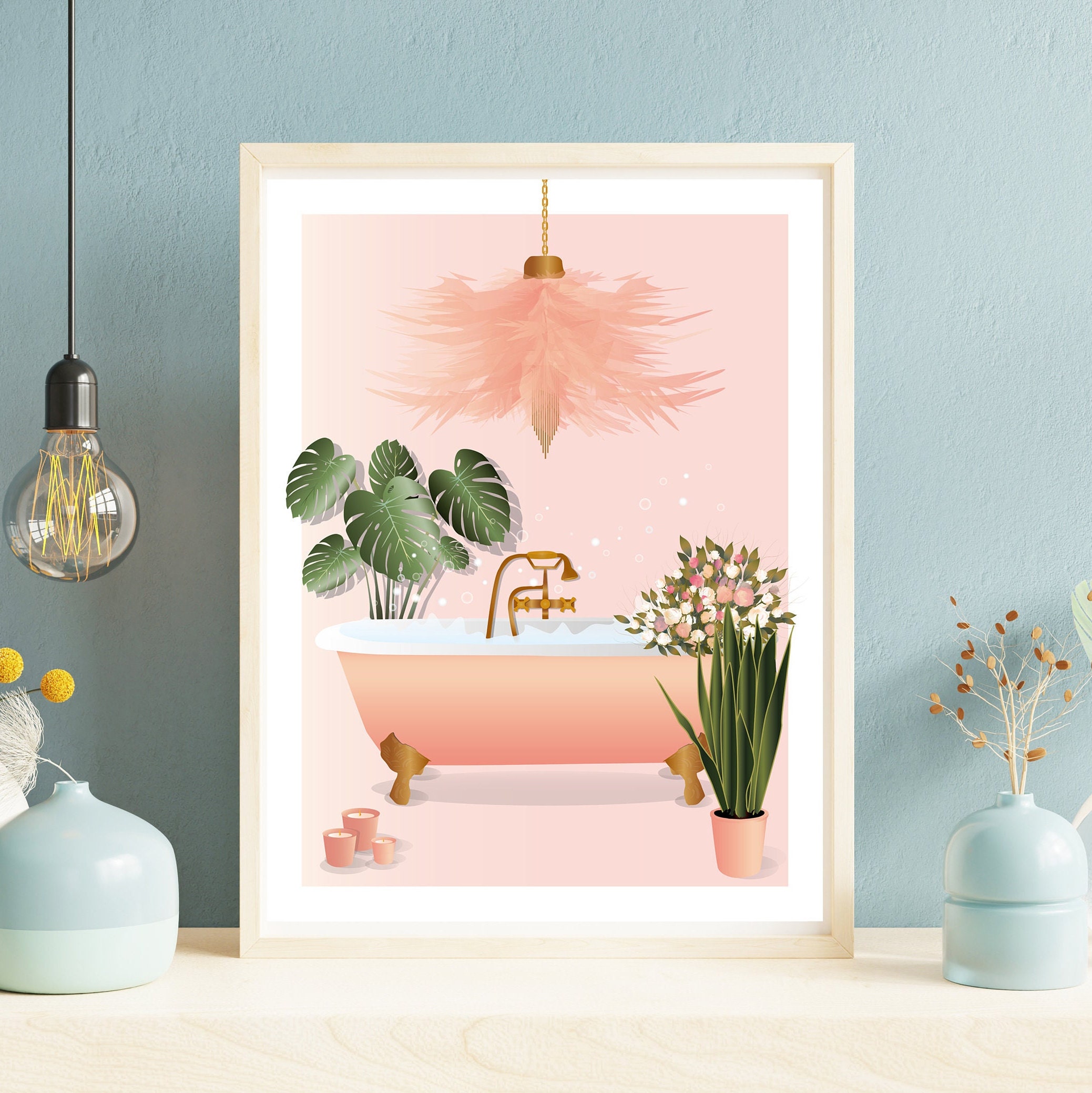 Pink Bathroom PRINTABLE, Bathtub Art, Flower Art, Botanical Plant Print ...