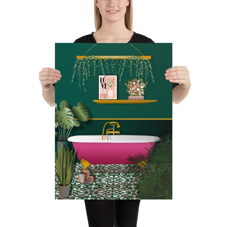 Dark Green and Pink Bathroom Poster Print, Botanical Houseplant Poster ...