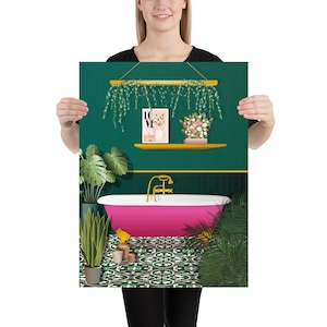 Dark Green and Pink Bathroom Poster Print, Botanical Houseplant Poster ...
