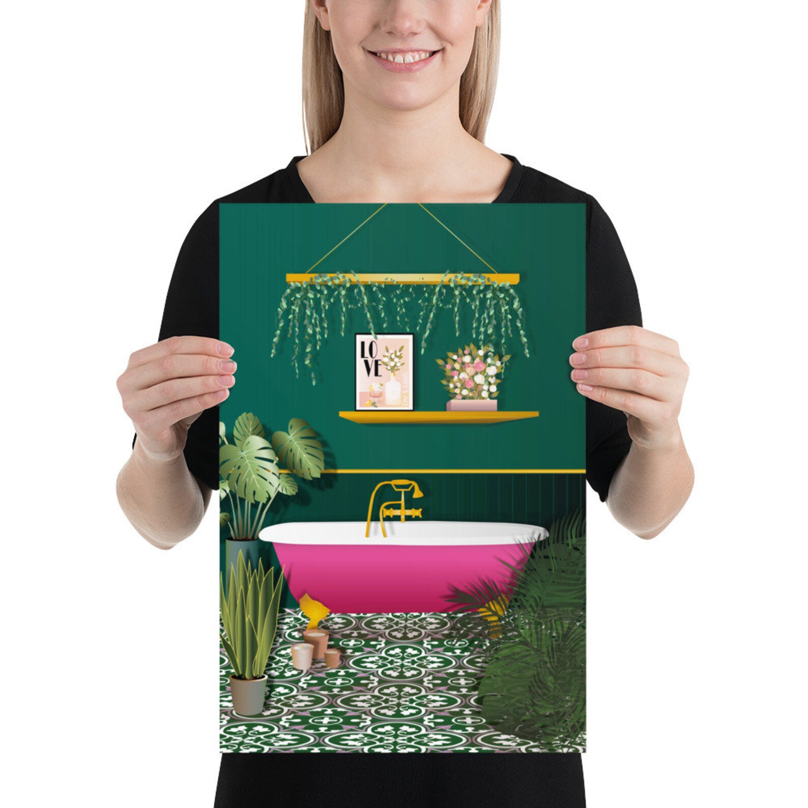 Dark Green and Pink Bathroom Poster Print, Botanical Houseplant Poster