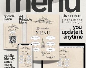 Custom Restaurant Menu 3-in-1 Bundle, QR Code, A4, Canva Website (PDF & Editable Templates)