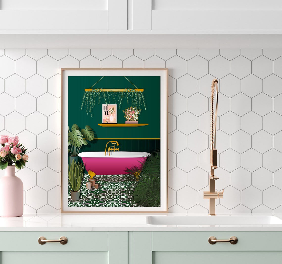 Dark Green and Pink Bathroom Poster Print, Botanical Houseplant Poster ...