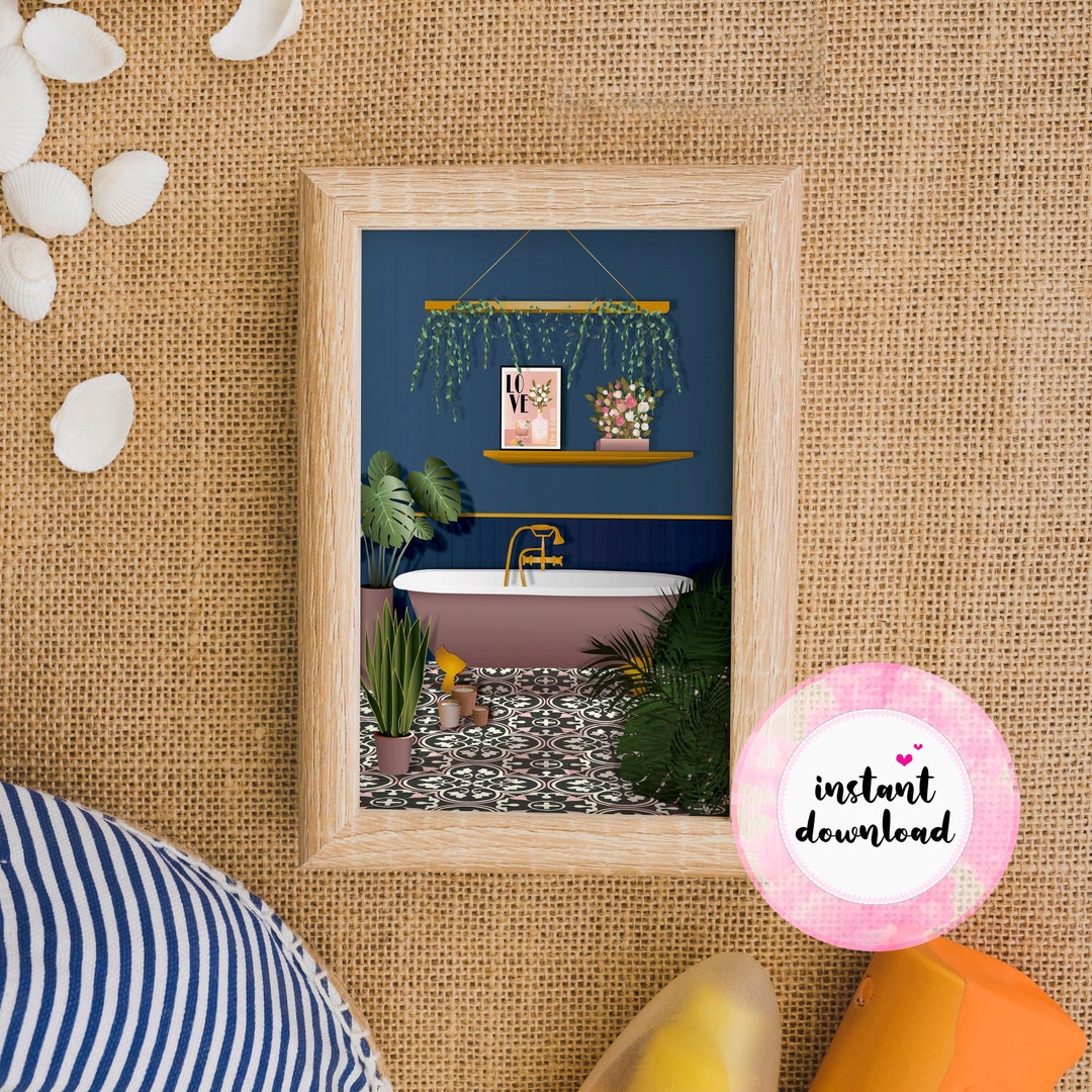 Blue Bathroom PRINTABLE Wall Art, Navy Blue Bathroom Poster, Vintage ...