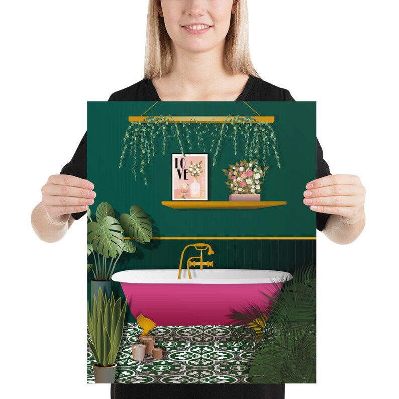 Dark Green and Pink Bathroom Poster Print, Botanical Houseplant Poster ...