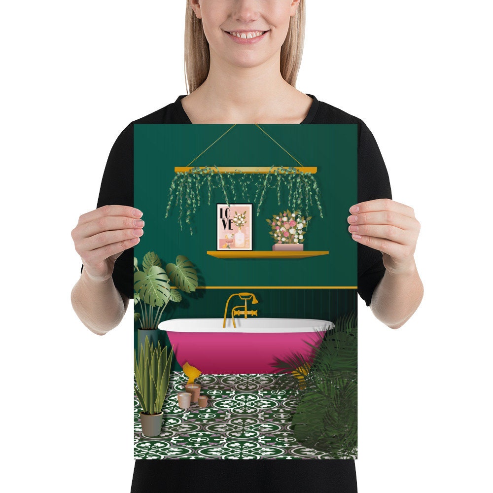 Dark Green and Pink Bathroom Poster Print, Botanical Houseplant Poster ...