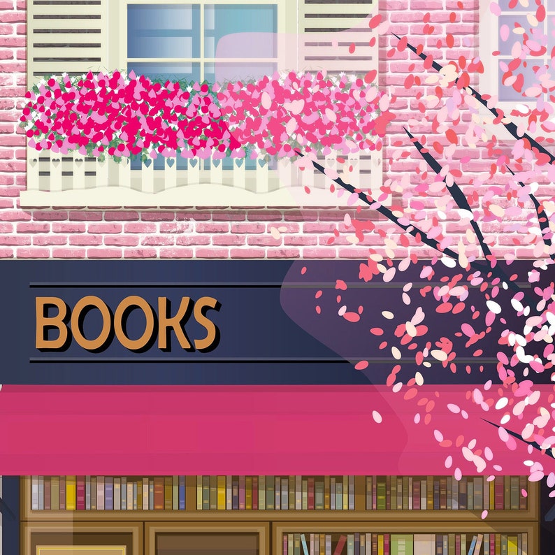 May include: Illustration of a bookstore facade with a pink awning and the word "BOOKS" in gold lettering. A window with pink flowers and a cherry blossom tree are visible. The building is made of red brick.