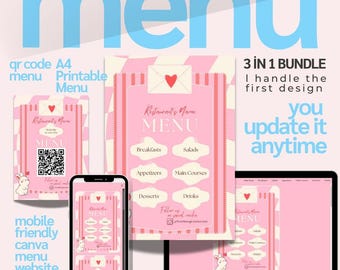 Custom Pink Restaurant Menu, A4, QR Code, Website (Canva Template)