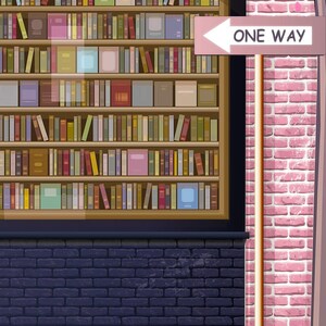 May include: Illustration of a bookshelf filled with books of various colors and sizes. A pink sign with the words "ONE WAY" points left. The background features a brick wall and a dark blue brick wall.