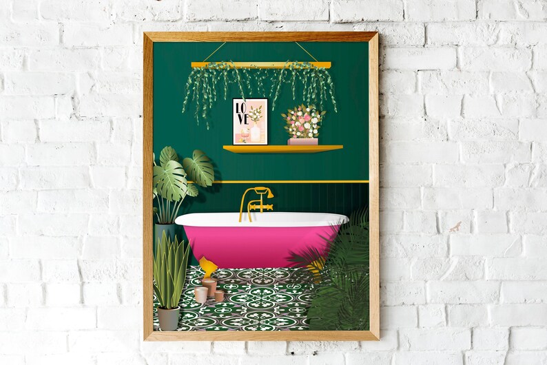Dark Green and Pink Bathroom Poster Print, Botanical Houseplant Poster