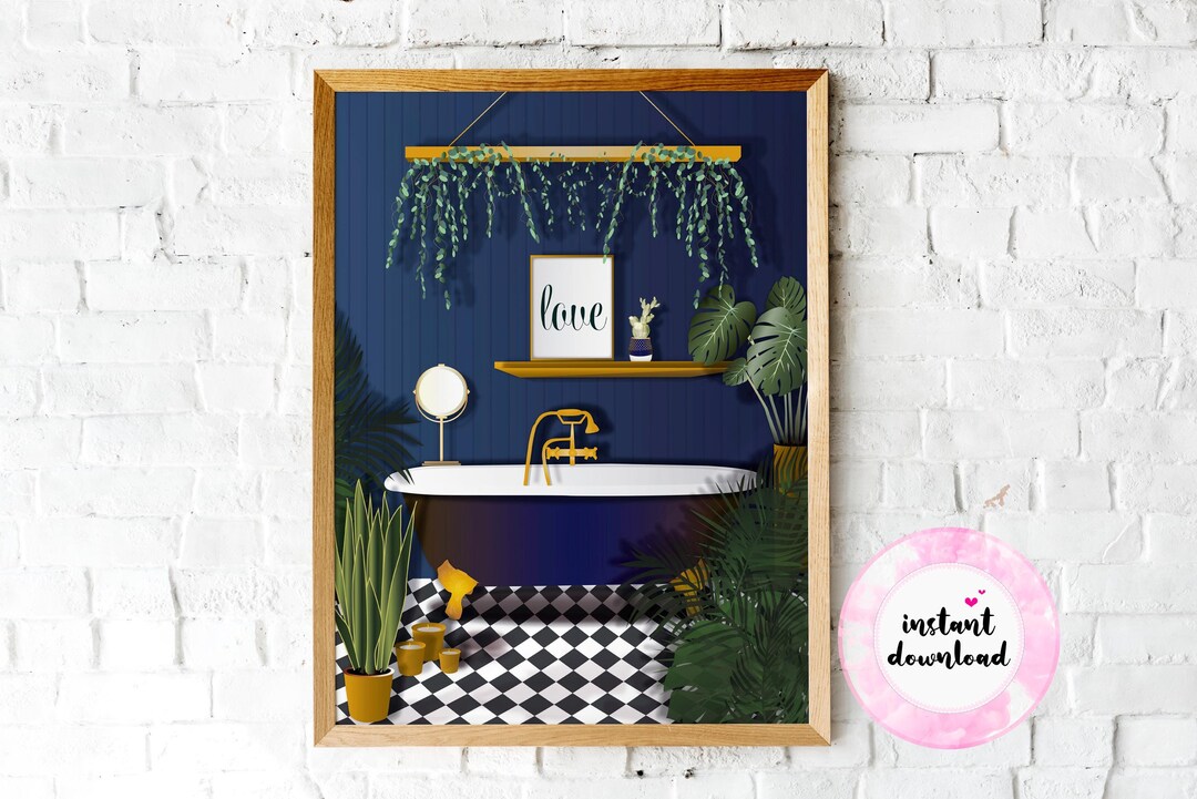 Dark Blue Bathroom Wall Art | Powder Room Wall Decor | Clawfoot Bathtub ...