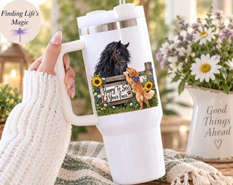 Happy To See Your Face Tumbler, Black Horse Golden Retriever Cup, Farmhouse Animal Lover Gift, Horse Dog Sunflower Tumbler, Equestrian Cup