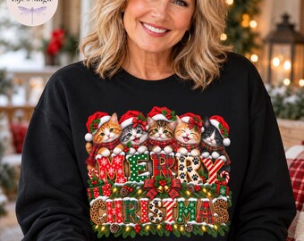 Merry Christmas Cat Sweatshirt, Cat Mom Christmas Hoodie, Cute Kitten Christmas Tote Bag, Cat Lover Gift for Women, Purrfect Meowey Gift