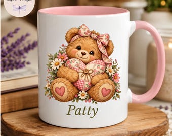 Personalized Teddy Bear Mug, Coquette Floral Heart Coffee Cup, Custom Name Bear Mug, Gift for Her, Mothers Day Valentine Gift, Bear Lover