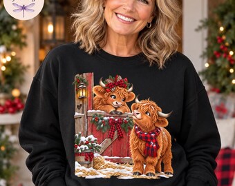Highland Cow Christmas Sweatshirt, Cute Baby Cow Hoodie, Christmas Tote Bag, Farmhouse Christmas Gift, Cow Lover Gift for Her, Buffalo Plaid