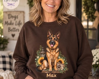 Personalized German Shepherd Shirt with Sunflowers, Custom Dog Name Sweatshirt, German Shepherd Mom Gift, Dog Lover Hoodie, Dog Tote Bag