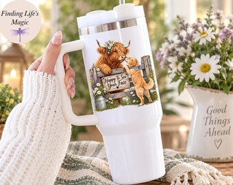 Happy To See Your Face Tumbler Highland Cow Golden Retriever 40 oz Tumbler With Handle Farmhouse Gift for Her Country Cow Dog Lover Cup
