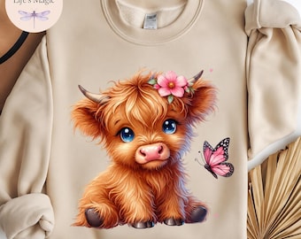 Personalized Baby Highland Cow Shirt, Custom Name Tee, Sweatshirt, Hoodie, Cow Lover Gift for Her, Country Girl, Cottagecore Butterfly Tote