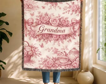Personalized Grandma Woven Blanket, Pink Rose Cottagecore Throw, Custom Name Floral Heirloom Gift for Mom, Mother's Day Keepsake