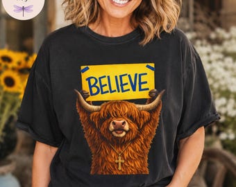 Believe Highland Cow Cross Necklace Christian Faith Shirt Comfort Colors 1717 Inspirational Gift for Her Cute Cow Lover Sweatshirt Tote Bag