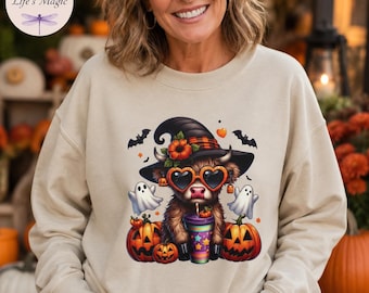 Halloween Highland Cow Shirt, Cute Witch Cow Pumpkin Ghost Tee, Fall Highland Cow Gift, Spooky Season Canvas Tote Bag, Funny Halloween Shirt
